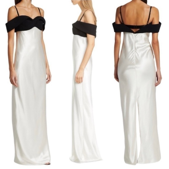 Brandon Maxwell Off-The-Shoulder Silk Draped Black Bow Accent Maxi Dress Gown - Picture 4 of 15